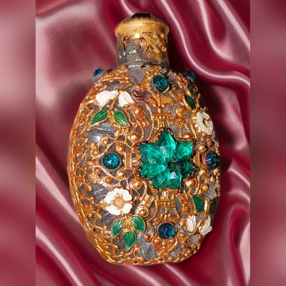 Vintage Gold Filigree Perfume Bottle with Emerald Green Gemstone Accent